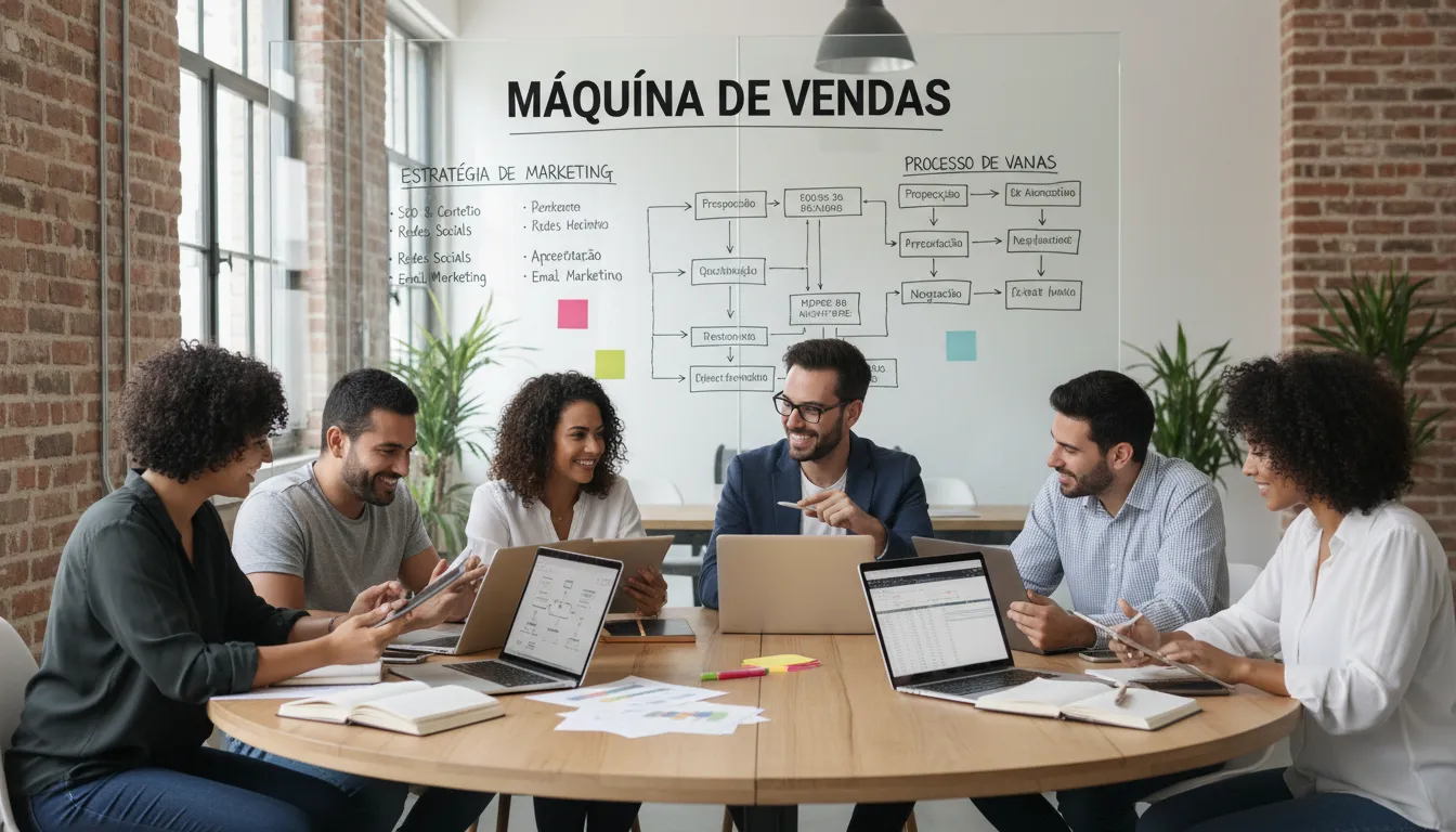 Equipe profissional colaborando em estratégias de marketing.