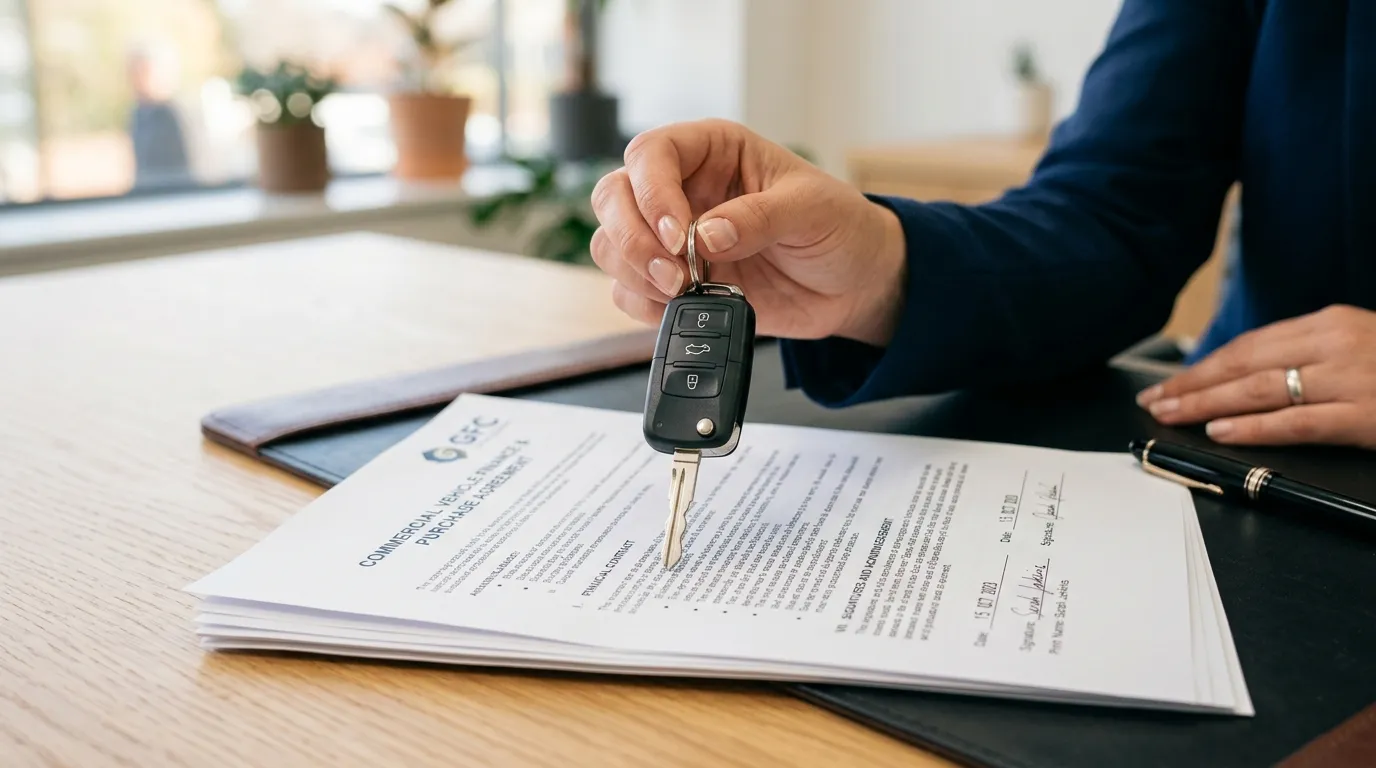 Chave de veículo comercial sobre contrato para garantir o retorno do investimento caminhão planejado.
