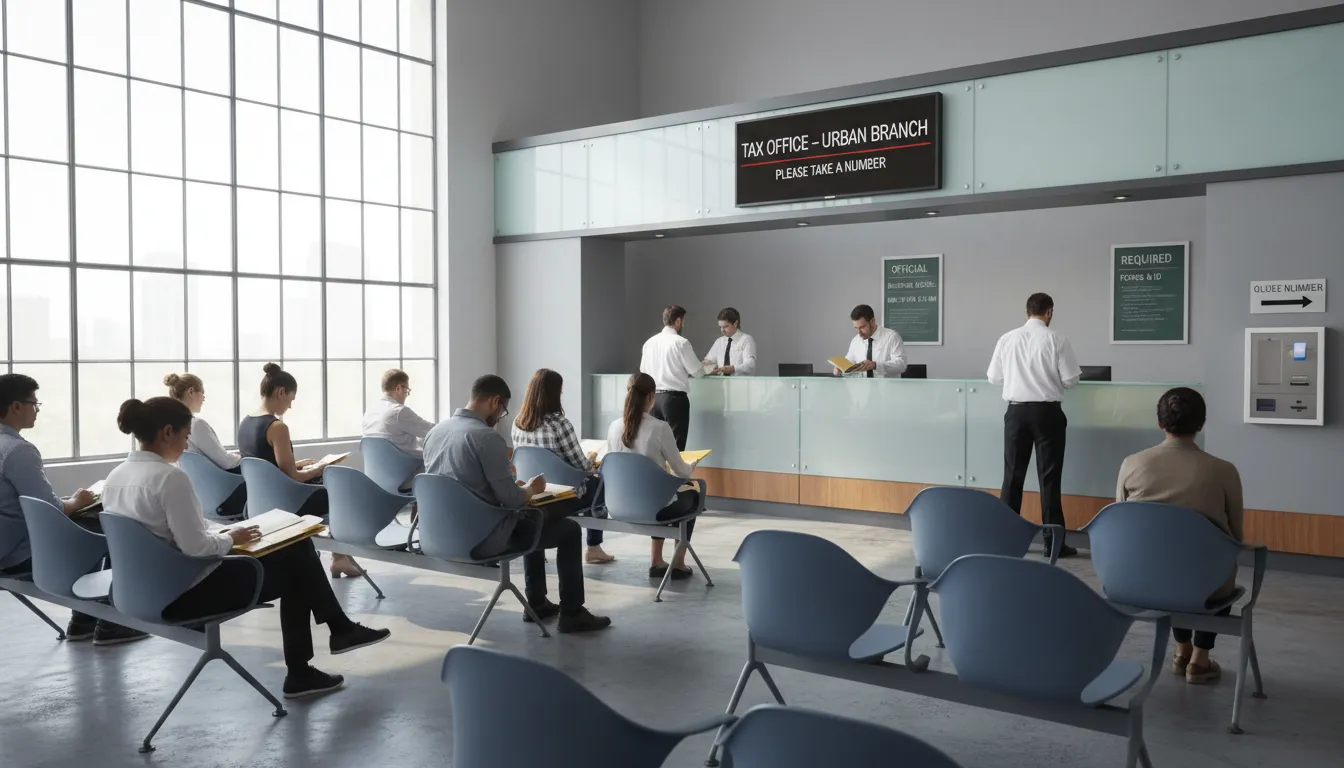 Recepção de órgão fiscal com pessoas protocolando pedidos e ambiente iluminado