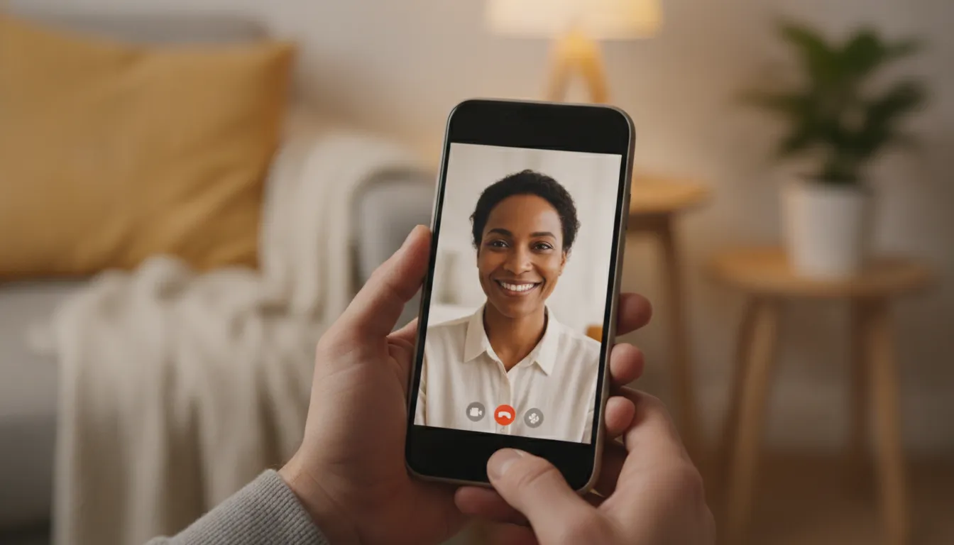 Mãos segurando celular, tela exibe terapeuta online. Um momento de conexão para buscar a felicidade e saúde mental.