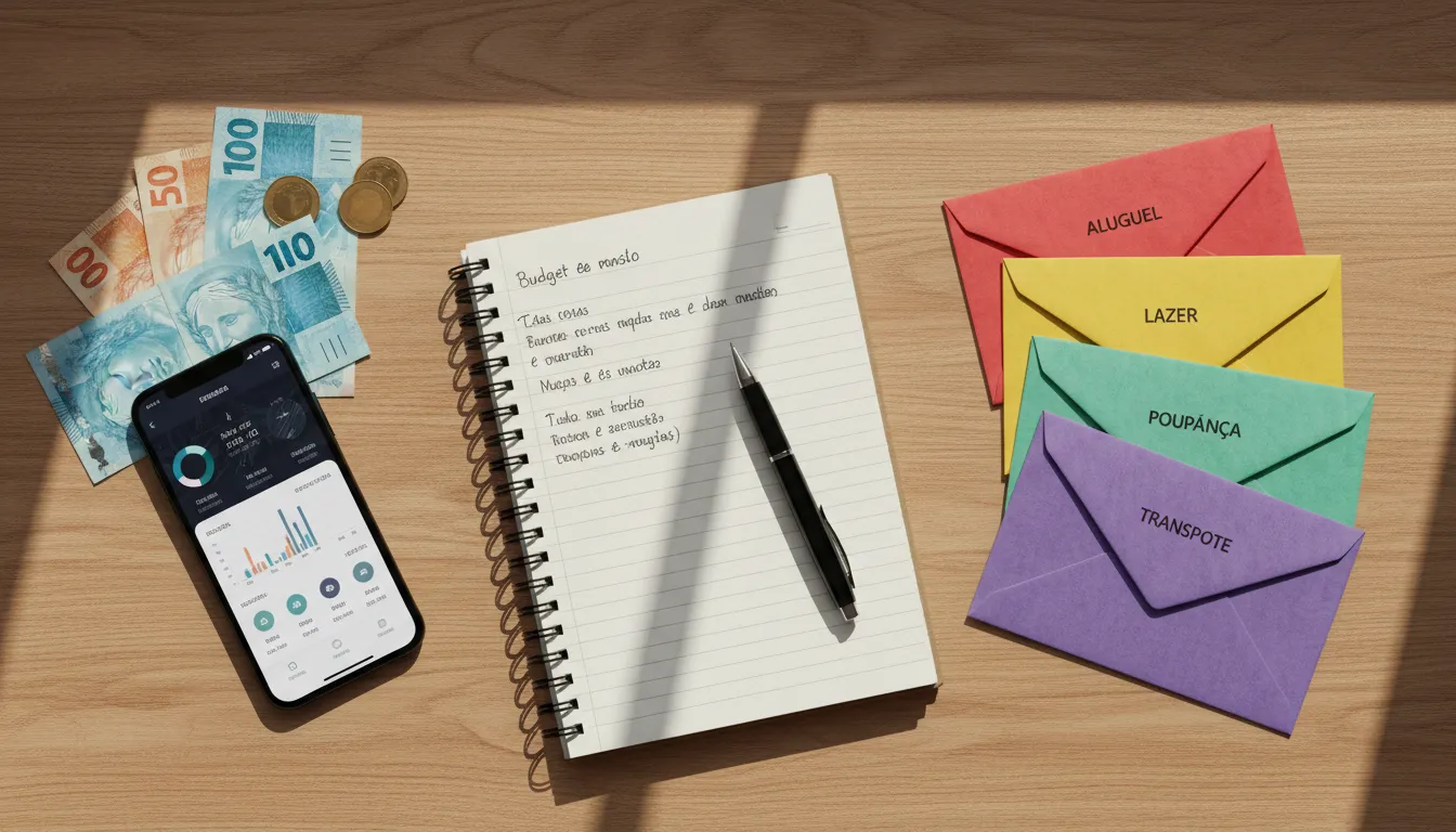 Mesa organizada com envelopes de despesas, aplicativo de controle financeiro no celular e cédulas de reais