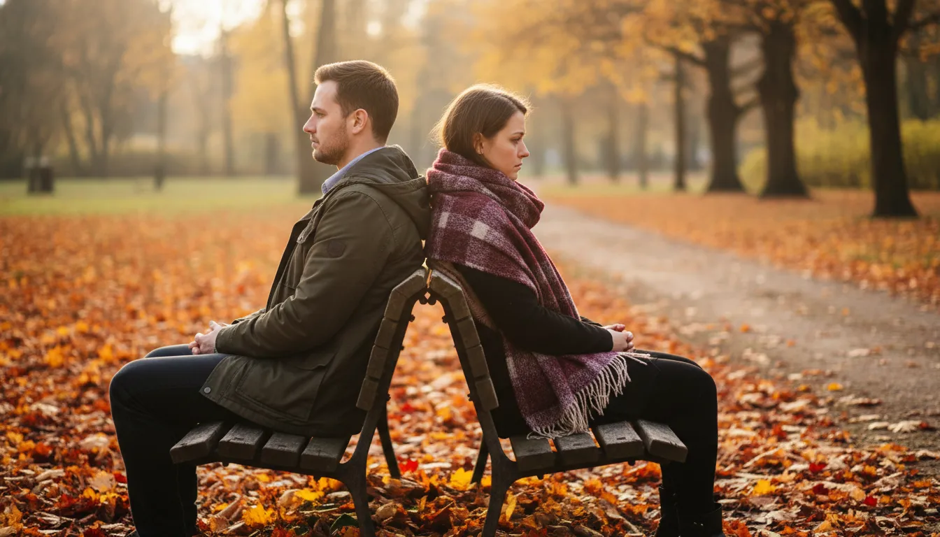 Casal sentado de costas em banco de parque, cada um em seu mundo, exemplificando o silêncio emocional e a falta de comunicação.