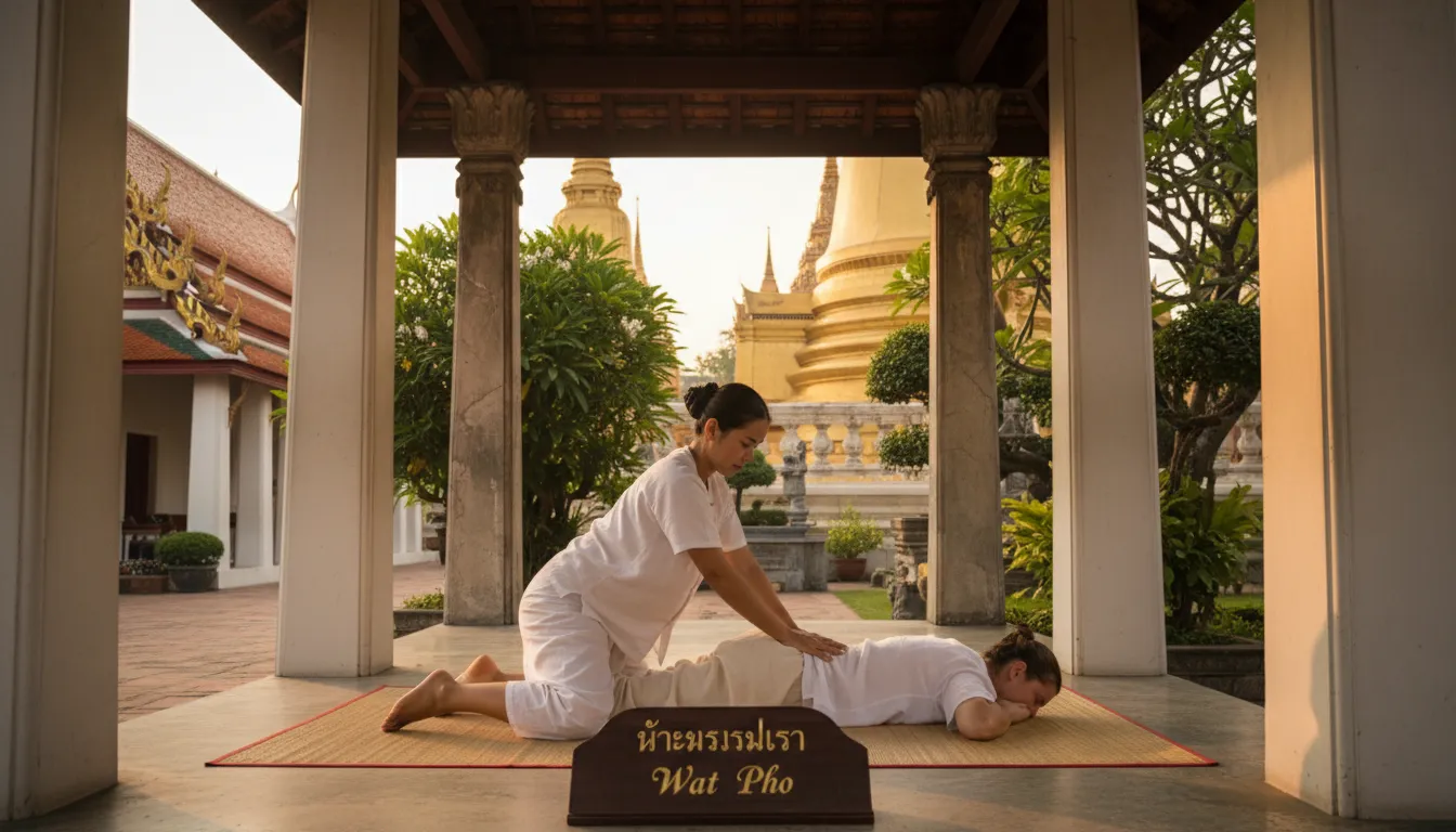 Sessão de massagem tailandesa tradicional em Wat Pho, com arquitetura antiga e iluminação suave, com o texto 'Wat Pho'.
