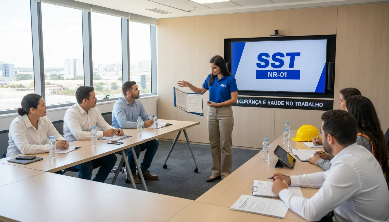 Sessão de treinamento sobre segurança do trabalho, abordando protocolos e procedimentos de emergência de acordo com a ATUALIZAÇÃO NR-01.