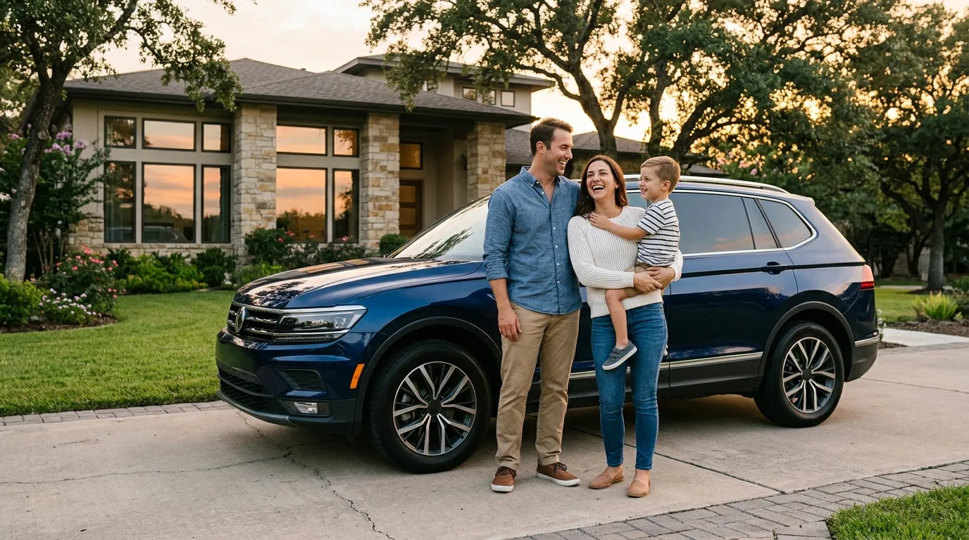 Família feliz ao lado de veículo após conseguir empréstimo com carro financiado em garantia.