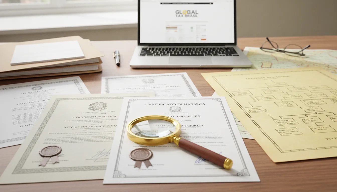Documents officiels organisés sur un bureau, illustrant les démarches de la citoyenneté italienne par descendance.