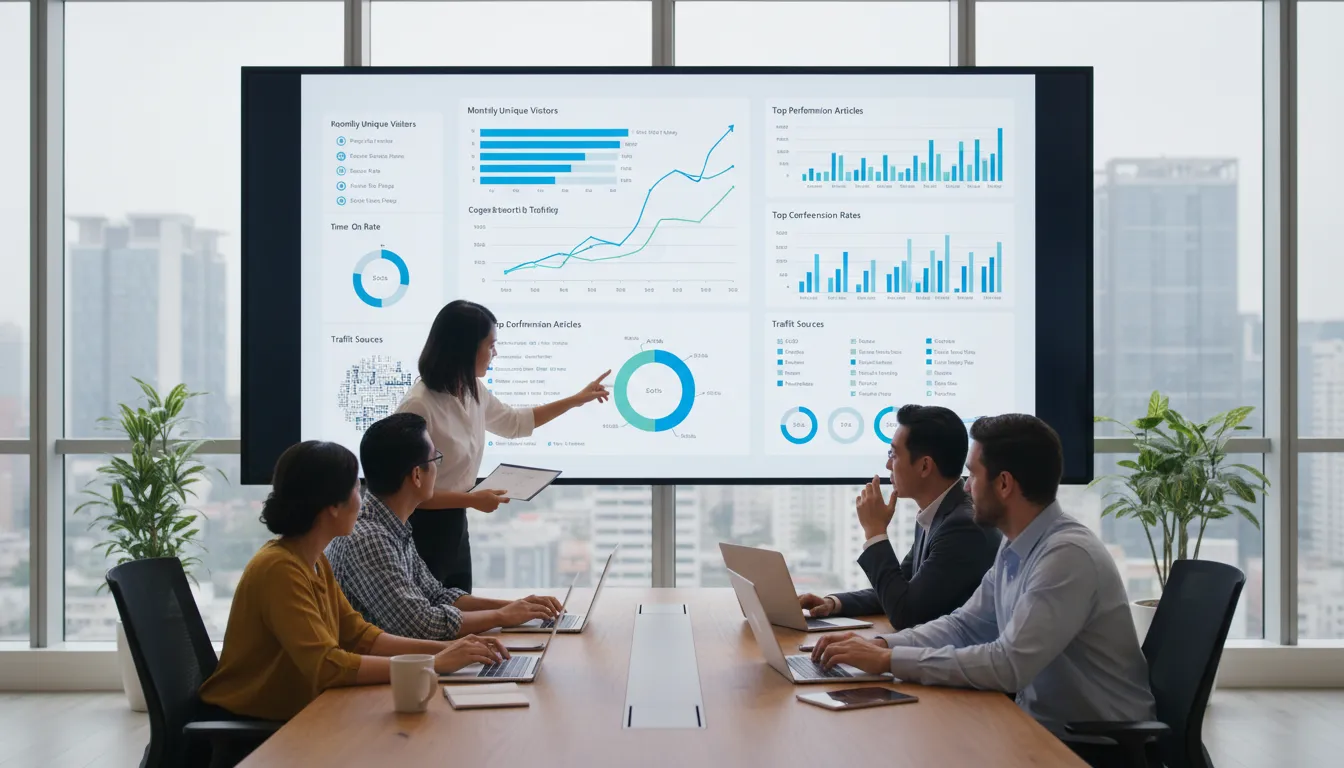 Como Planejar o Calendário Editorial do Blog do Seu Site para 2026 3 Equipe analisando métricas de desempenho do blog em dashboard digital