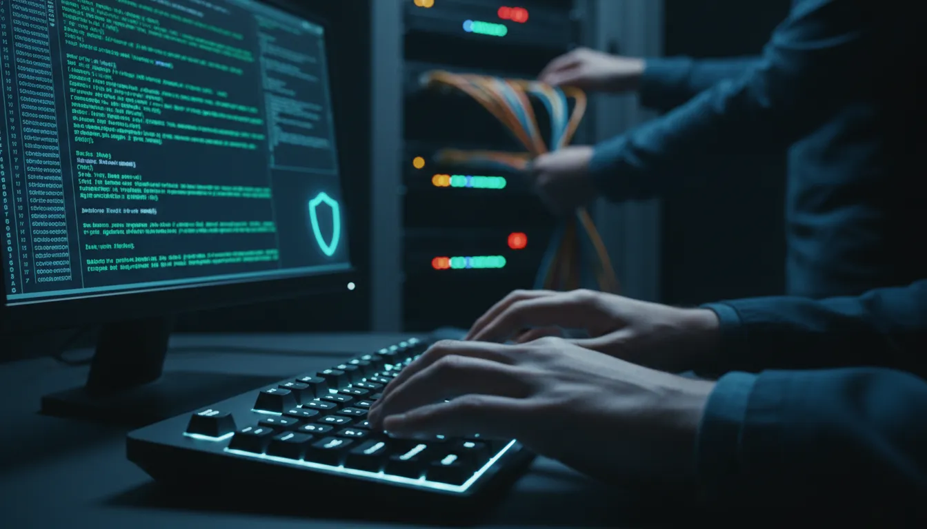 Mãos digitando rapidamente, simbolizando a contenção de um incidente de dados LGPD e a implementação de contramedidas urgentes.