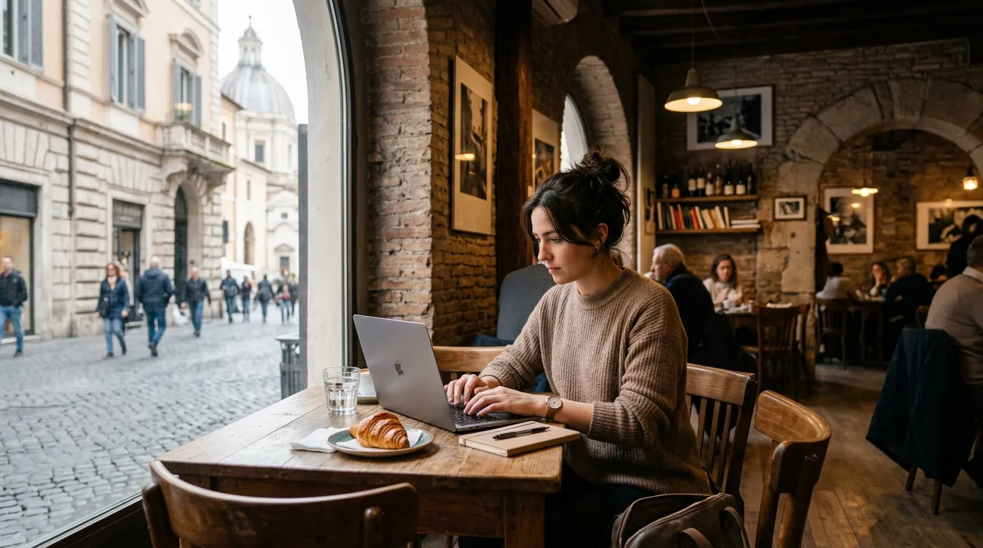 Pessoa trabalhando em café romano, representando a rotina de home office na Itália de forma itinerante.