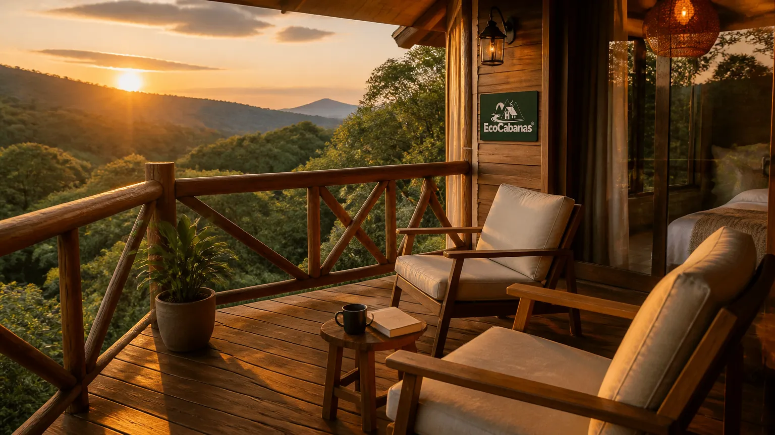 Deck de chalé de madeira com varanda decorada com poltronas confortáveis e vista para floresta.