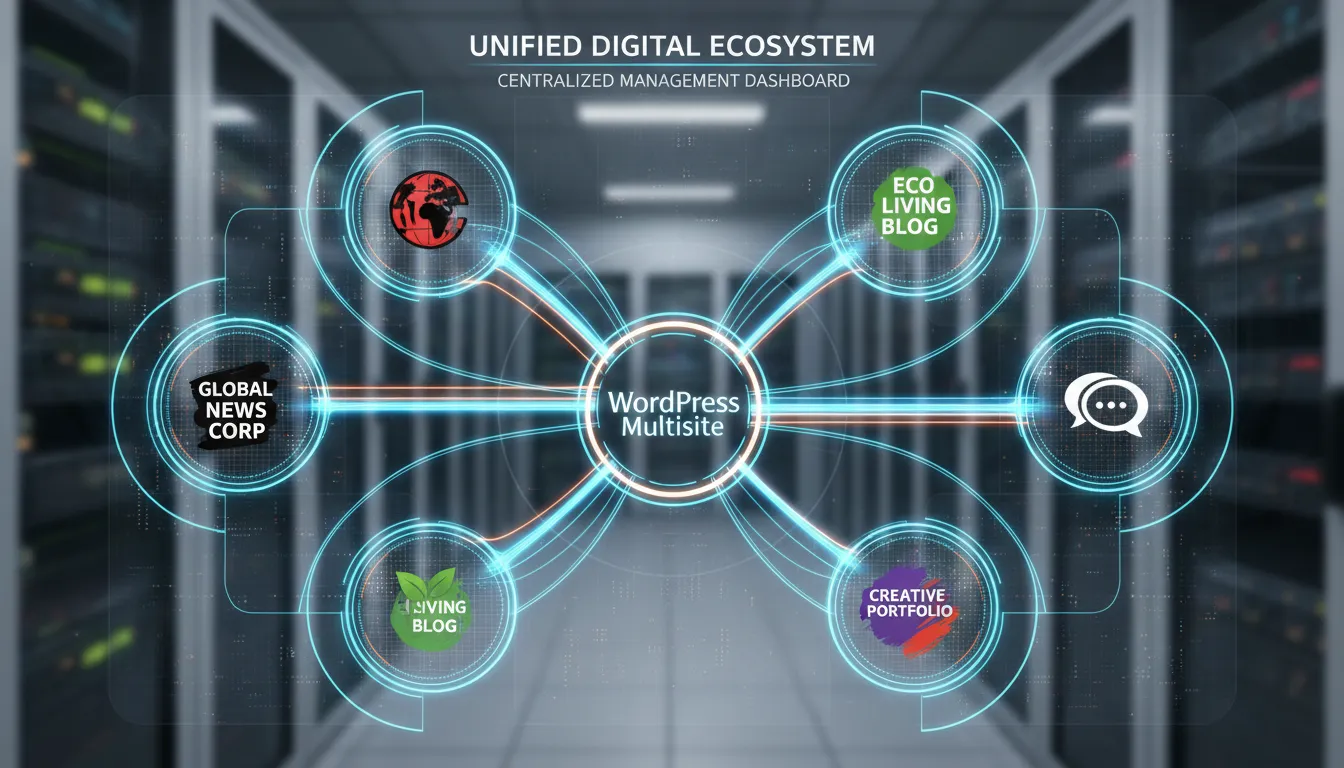 WordPress Multisite 2026: Quando e Como Usar 1 Diagrama fotorrealista de rede de sites integrados ao WordPress Multisite, ilustrando gestão centralizada.