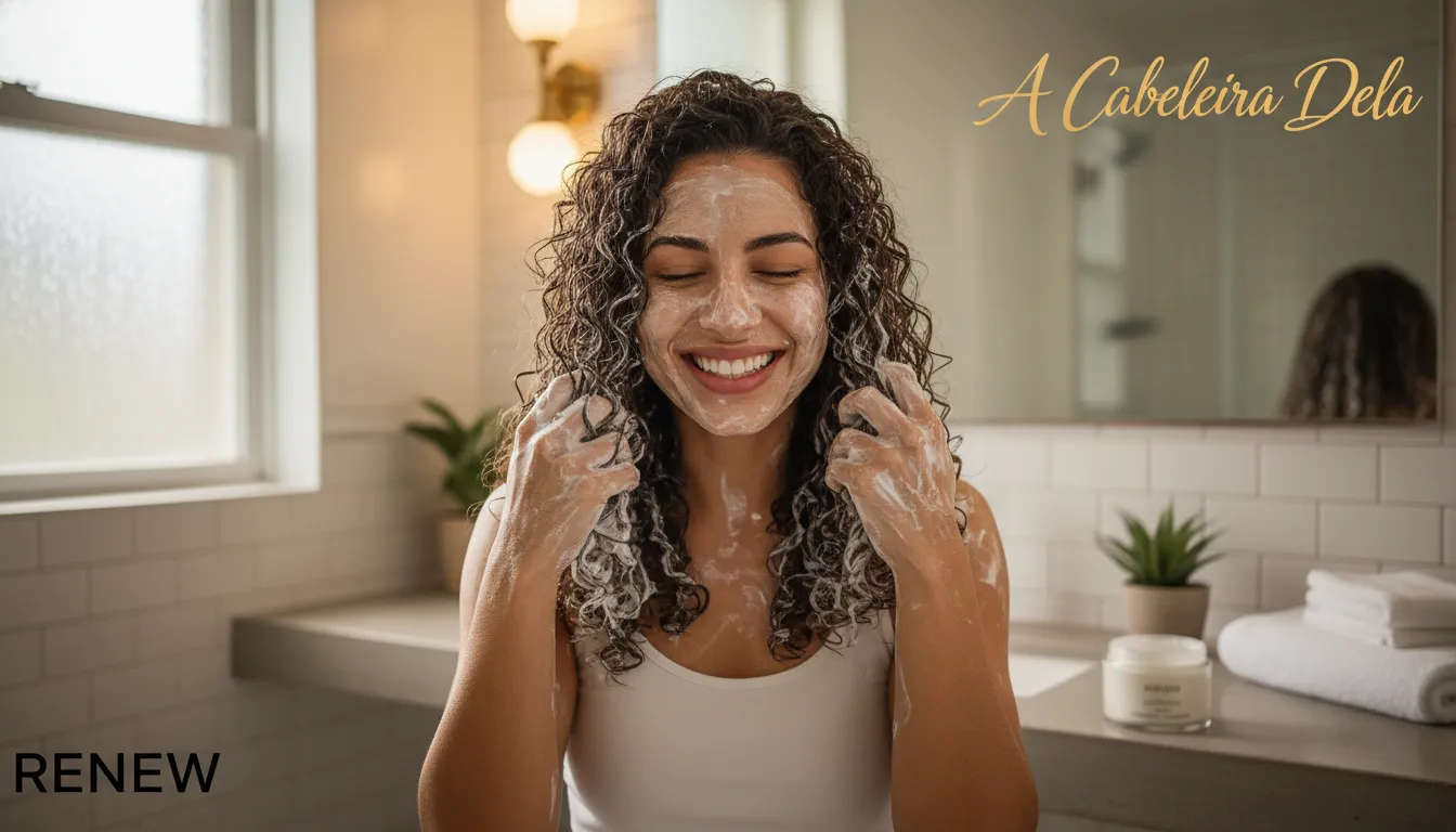 Mulher sorrindo enquanto aplica máscara de hidratação no cabelo com química em um banheiro moderno e iluminado.