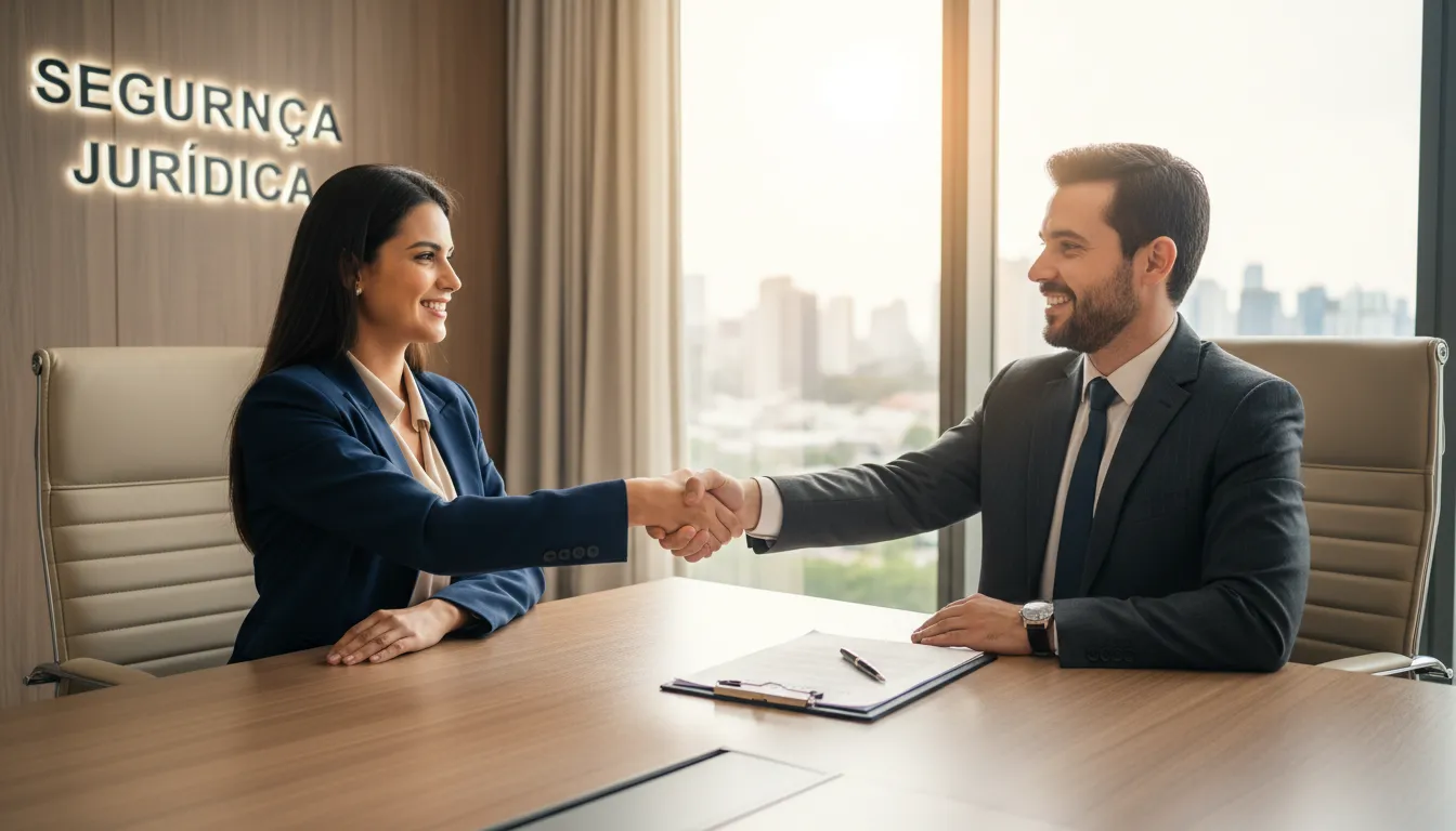 Aperto de mãos entre empresária e advogado, simbolizando a terceirização de serviços jurídicos para um negócio seguro.