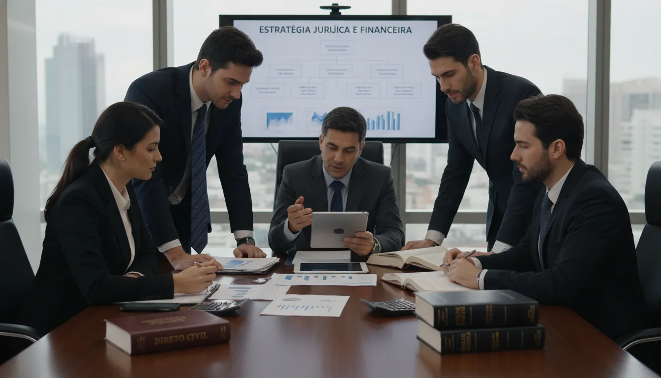 Equipe de consultores reunida com tablets e documentos, ilustrando consultoria especializada em offshores.