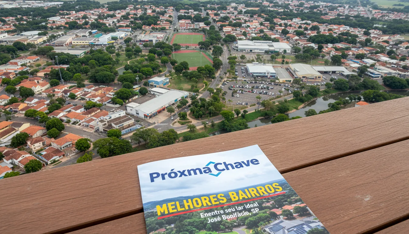 Visão aérea de José Bonifácio SP, mostrando áreas residenciais, espaços verdes e comércios locais. Um folheto da Próxima Chave destaca os melhores bairros para morar, evidenciando oportunidades imobiliárias em josé bonifácio sp.