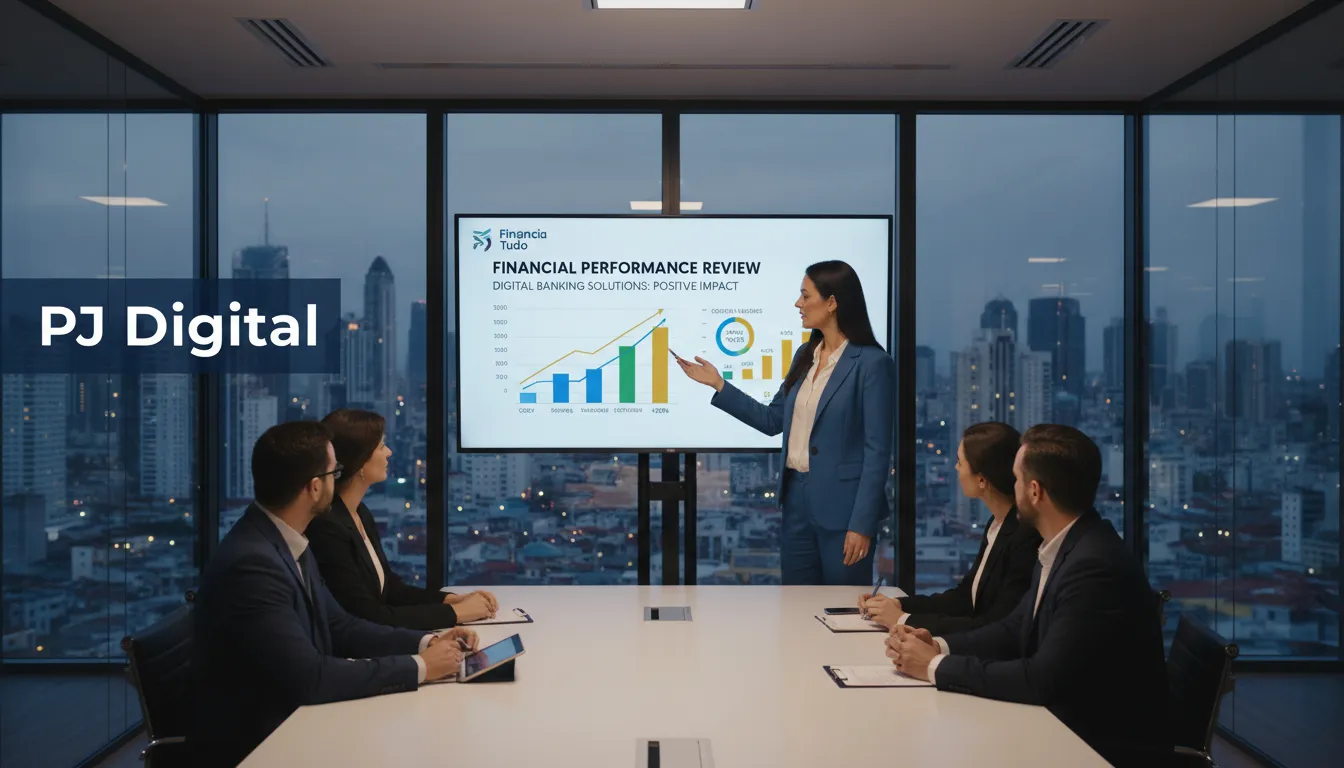 Uma empresária apresenta um relatório financeiro positivo sobre o uso de bancos digitais para pj, transmitindo confiança e sucesso.