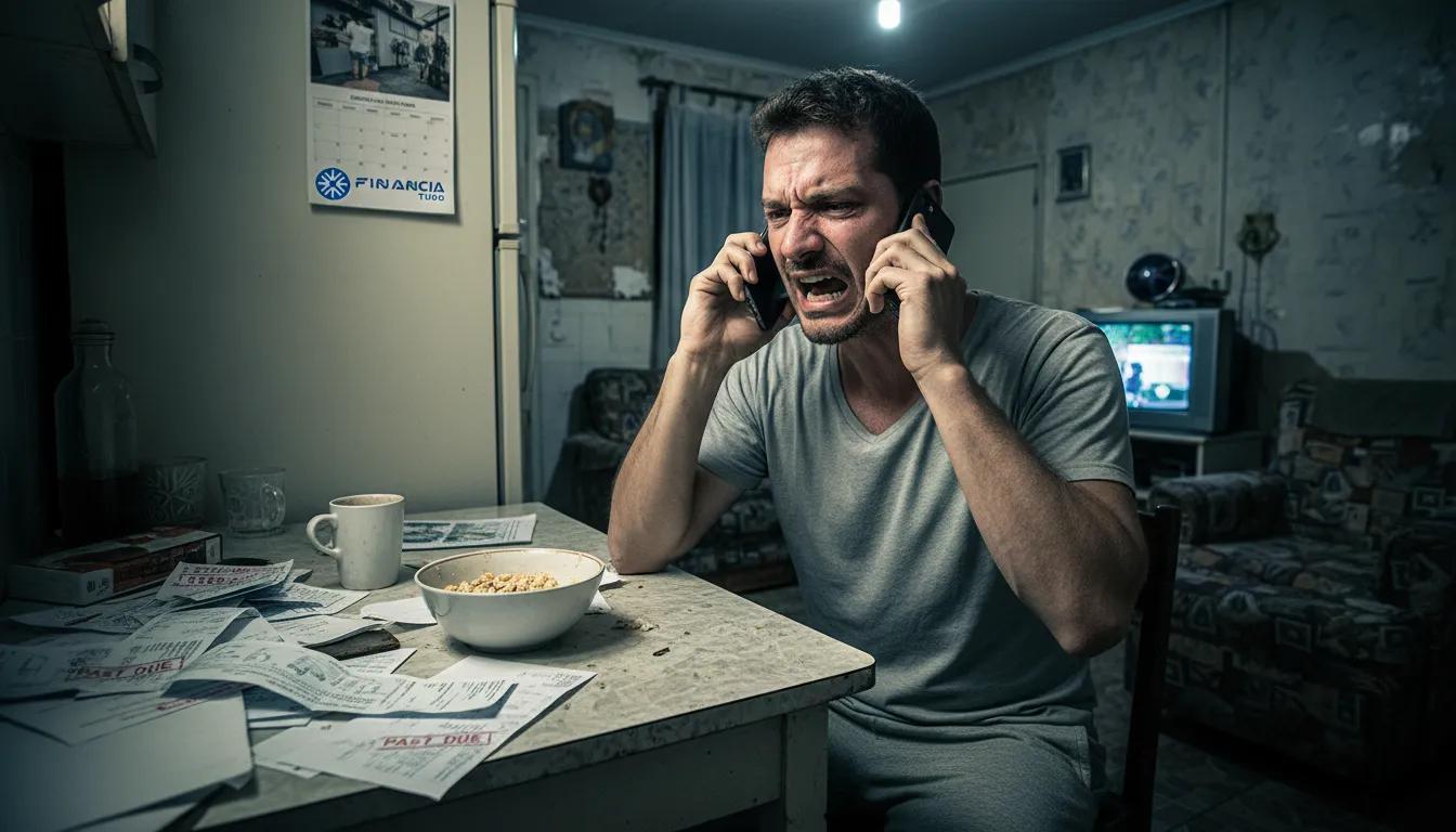 Homem frustrado ao telefone: dívidas são sinais de problemas financeiros. A Financia Tudo tem a solução.
