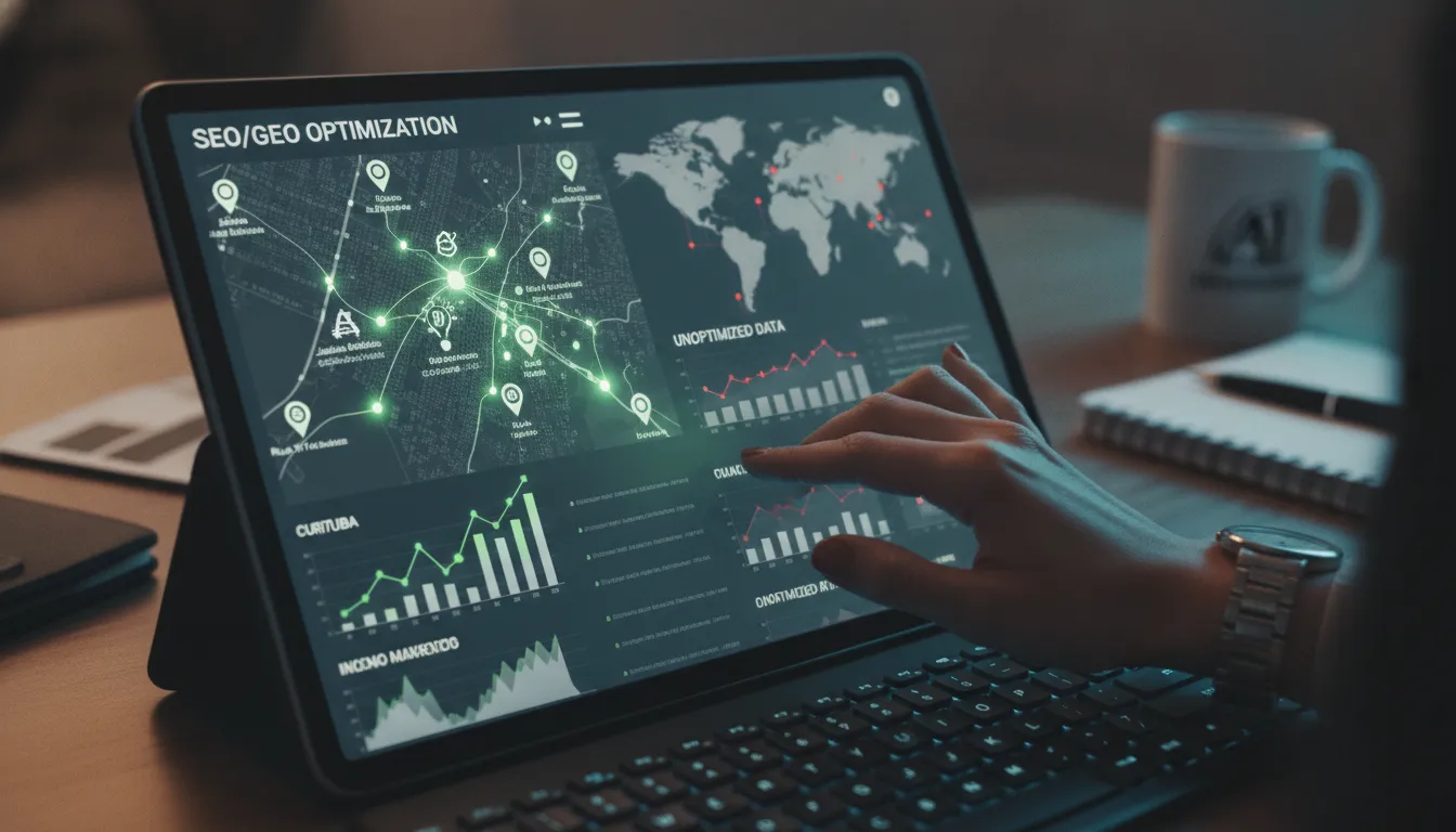 Dashboard de SEO/GEO otimizado para Curitiba, destacando personalização versus conteúdo genérico de inteligencia-artificial.