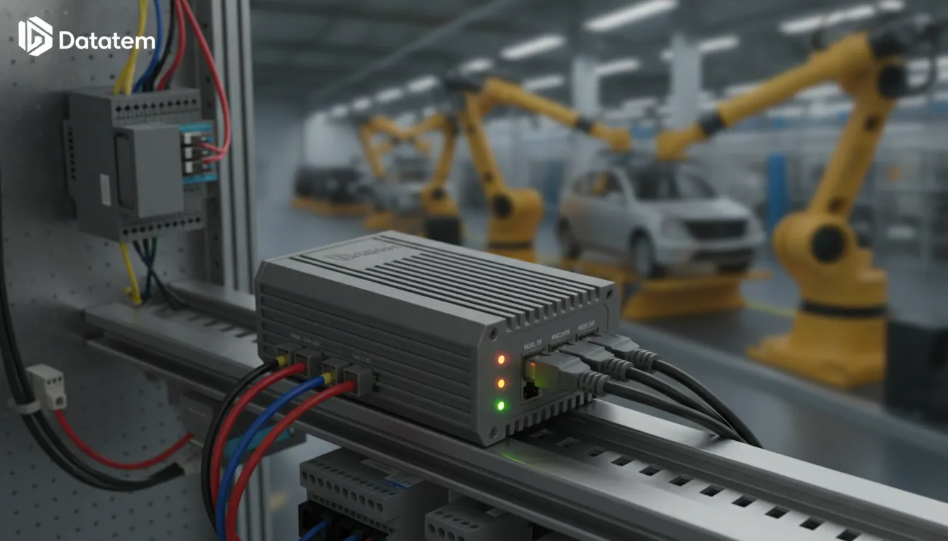 Gateway industrial robusto com conexões Modbus RTU e TCP/IP, essencial para integração de dados M2M.