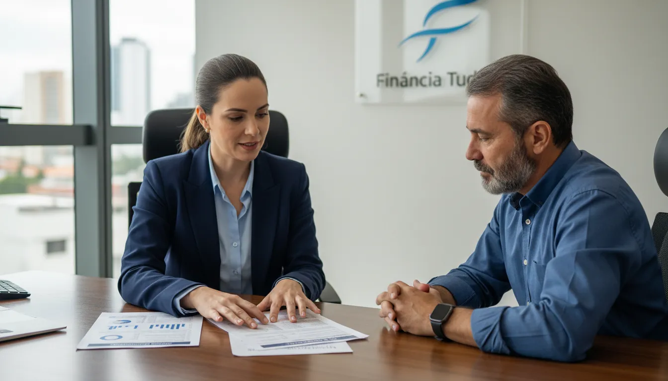 Especialista da Financia Tudo oferece consultoria sobre entrada financiamento caminhão, analisando documentos com cliente.