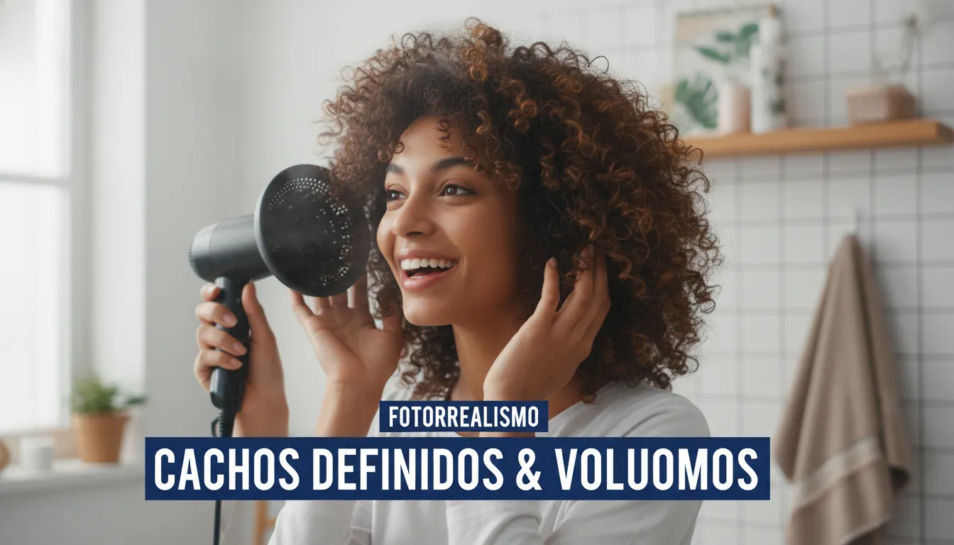 Mulher de cabelos crespos usando difusor para ativar o volume e manter a definição dos cachos.