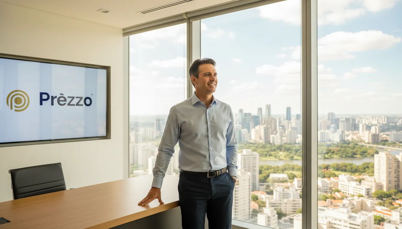 Empresário sorridente e confiante, celebrando o crescimento e a tranquilidade fiscal após a abertura de empresa em São Paulo.