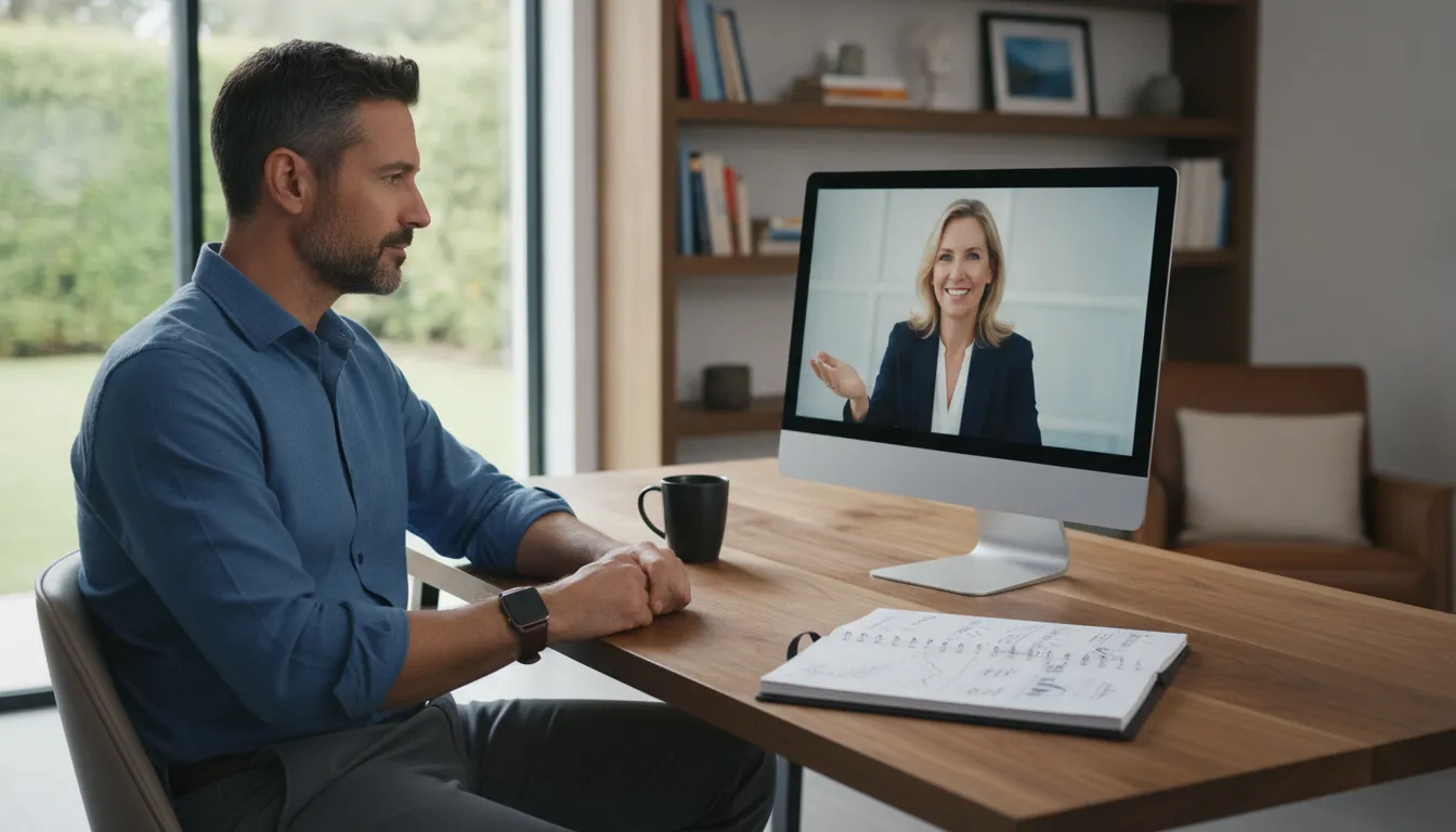 Engenheiro em videochamada com consultor financeiro, discutindo home equity para investir.
