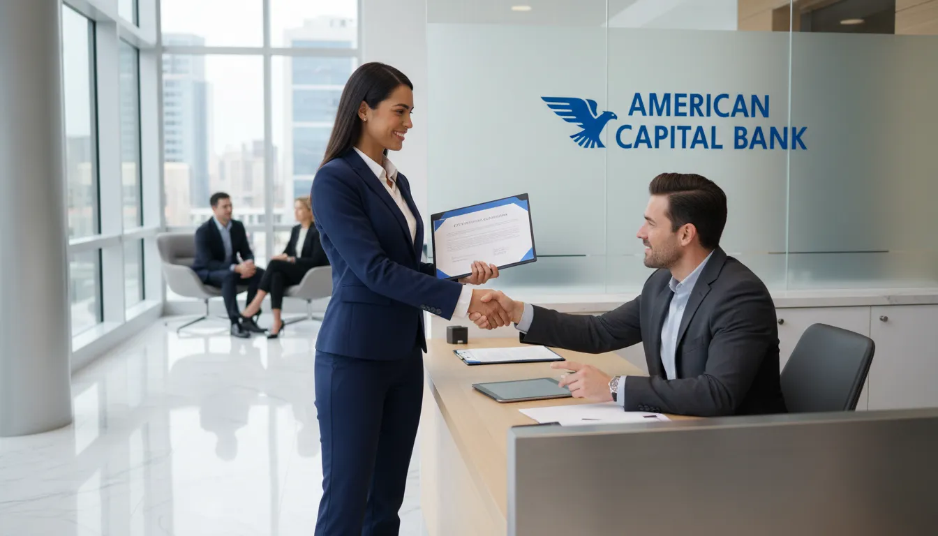Empresária abrindo conta bancária empresarial nos EUA, apresentando documentos legais ao gerente