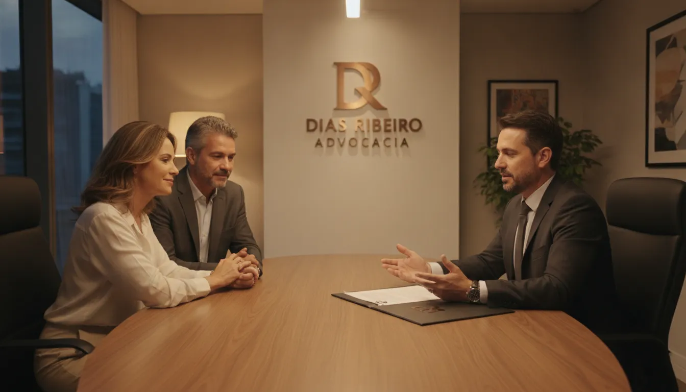 Advogado em Batatais explica detalhes de ação contra plano de saúde a clientes. Família atenta em reunião.