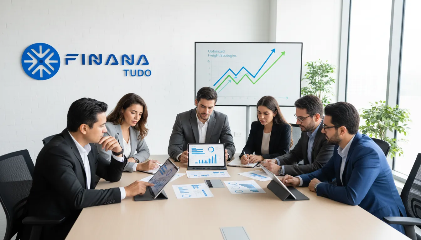 Equipe analisando gráficos financeiros em um escritório moderno, focados em como conseguir fretes mais baratos e otimizar o fluxo de caixa.