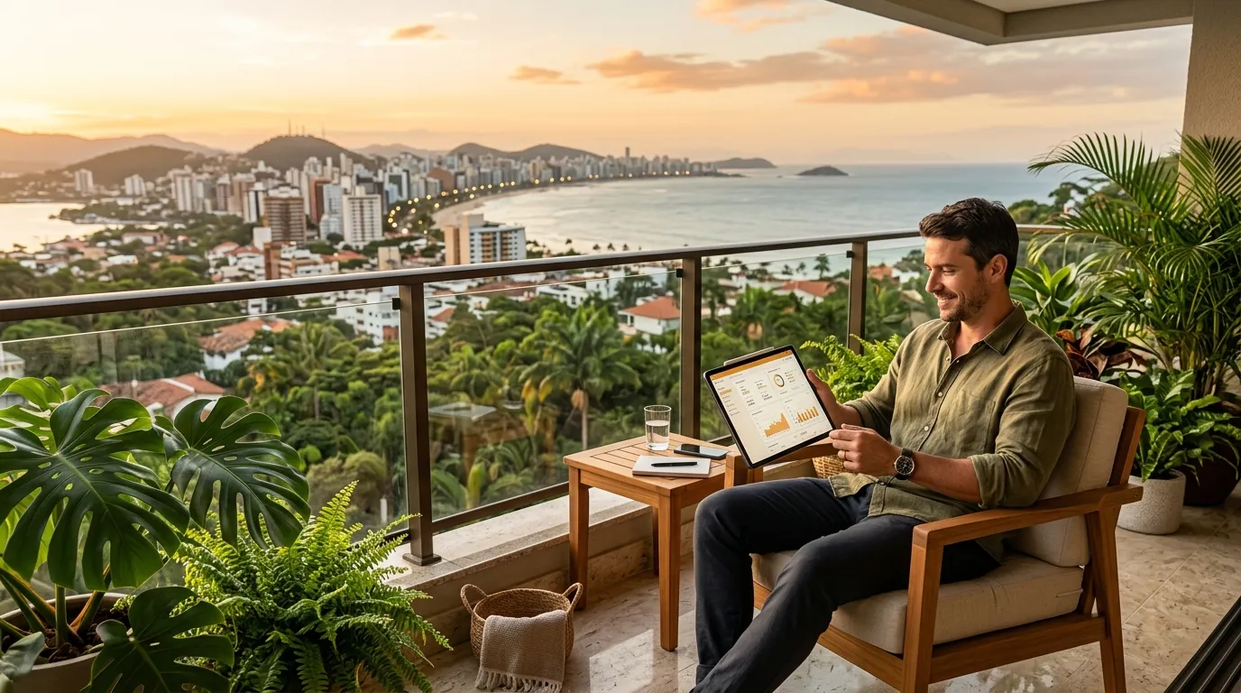 Empreendedor alcançando liberdade com renda passiva em dólar direto do Brasil.