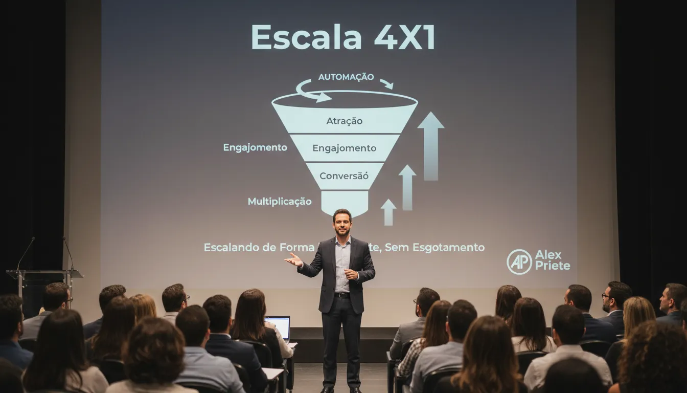 Um mentor ensinando empresários sobre O que é funil de vendas? e a importância da escala 4X1, em um evento do Blog Alex Priete.
