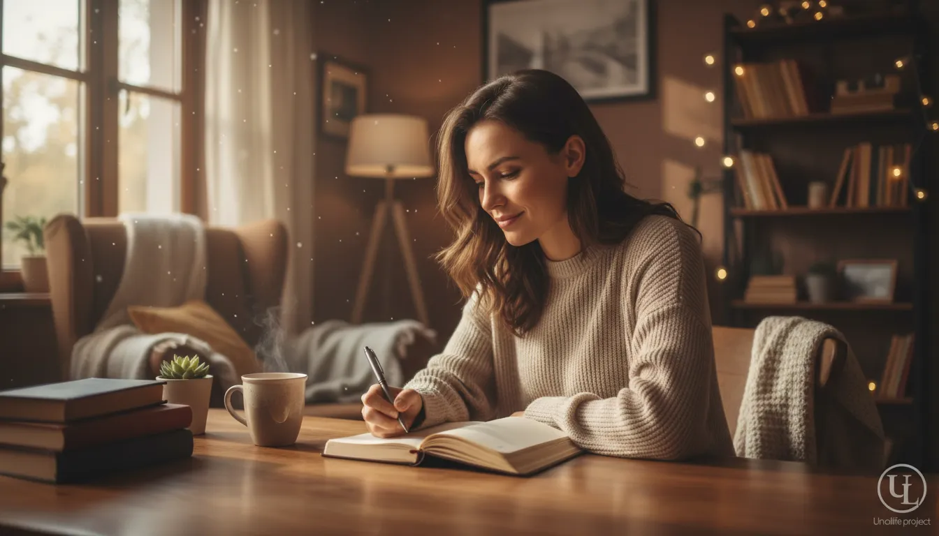 Mulher escrevendo em um diário, refletindo sobre seus pensamentos e sentimentos para melhorar a saúde mental.