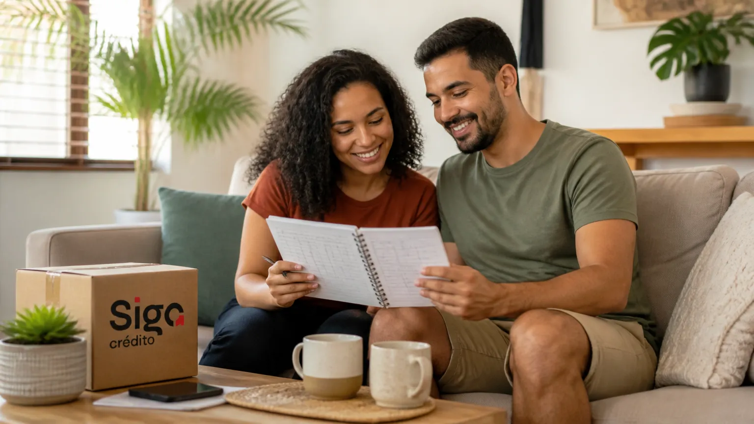 Casal organizando finanças com tranquilidade após entender o que são juros.