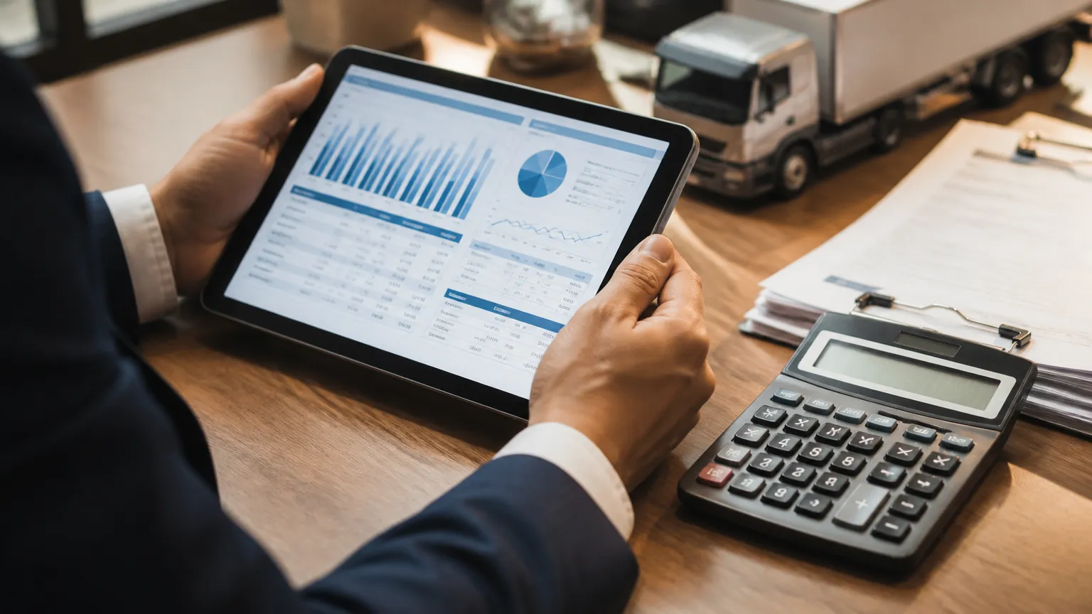 Planilhas de custos e cálculos de contabilidade para transportadoras em tablet corporativo.