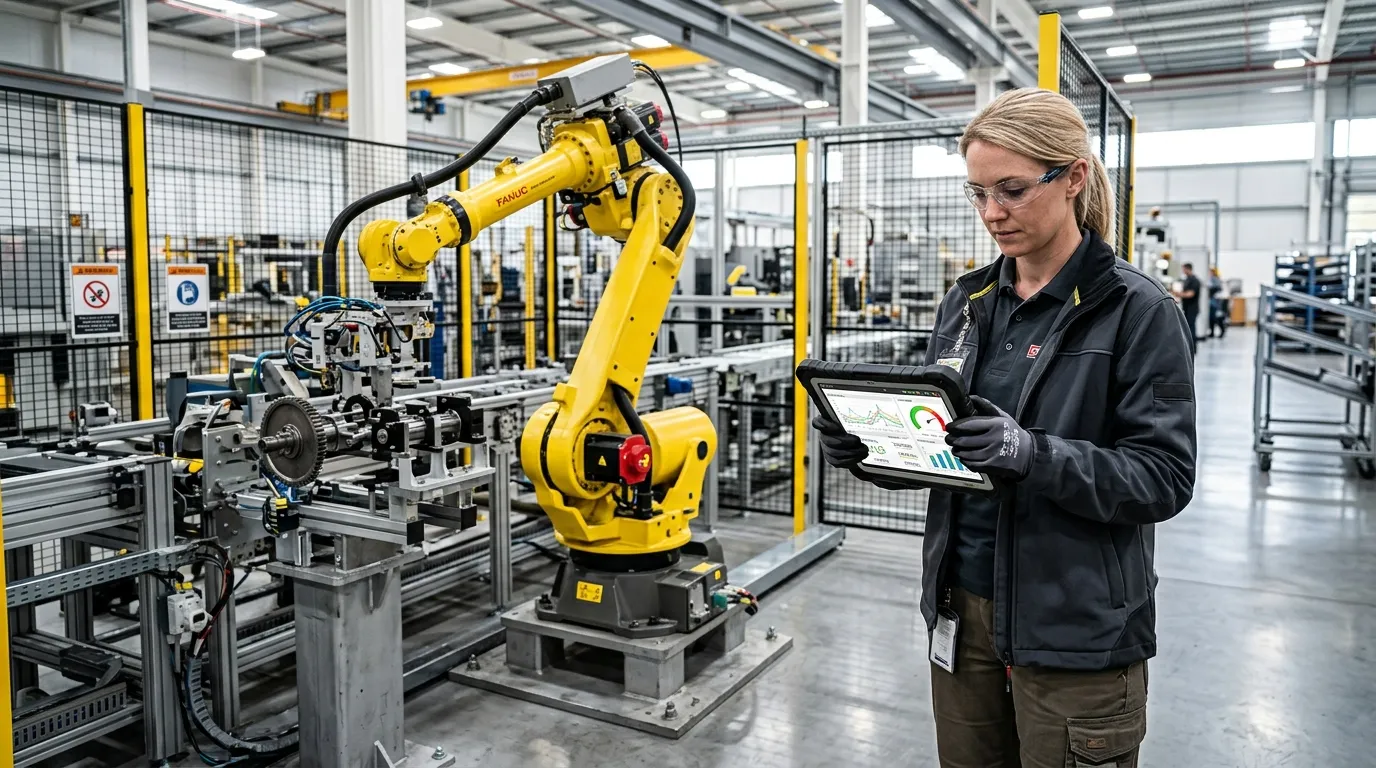 Tecnico monitora dados de manutencao preventiva e corretiva e preditiva em tablet industrial.