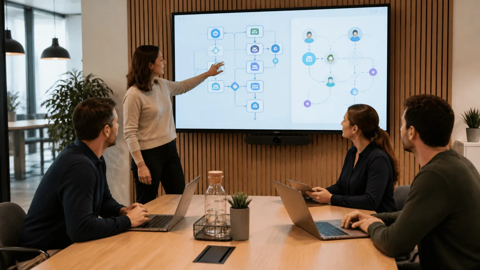 Equipe corporativa alinhando processos para melhorar atendimento ao cliente da empresa.
