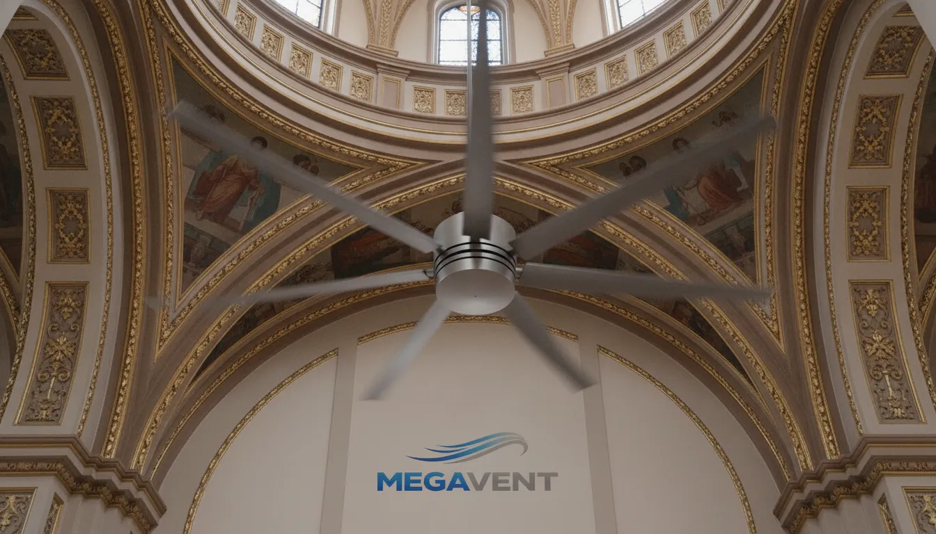 Detalhe de um ventilador de teto para igreja MegaVent, design elegante, lâminas silenciosas, integrado ao teto.