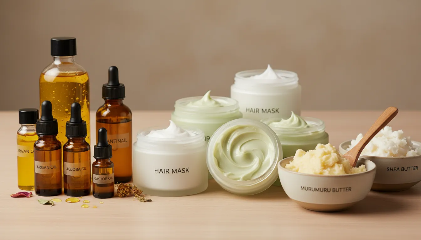 Variedade de máscaras, óleos vegetais e manteigas capilares expostas em mesa de madeira clara.