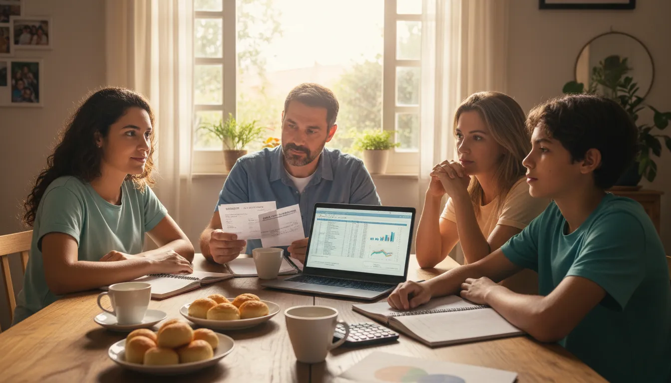 Família brasileira organiza as finanças revisando carta do seguro-desemprego, clima de esperança.