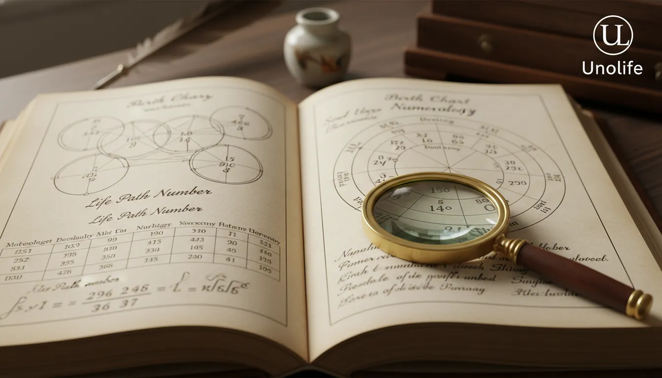 Detalhe de um livro de numerologia com o logo da Unolife, representando a clareza sobre o número do destino.