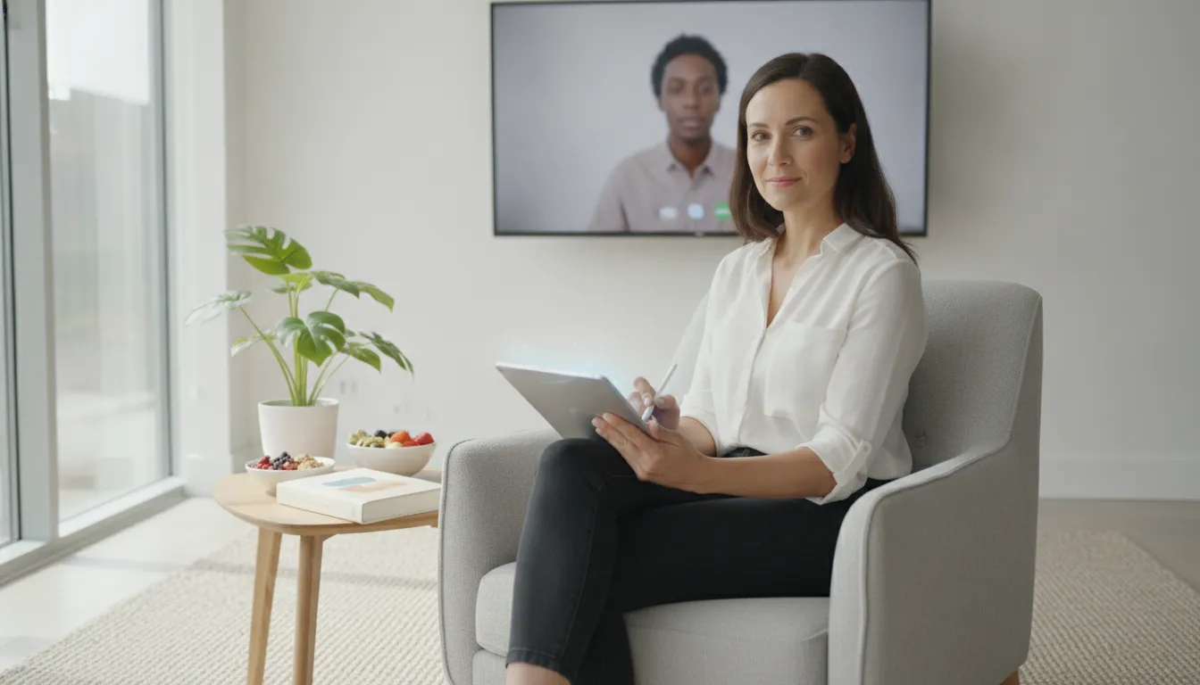 Pessoa planejando vida em ambiente tranquilo, após sessões com coach online. Foco e bem-estar.