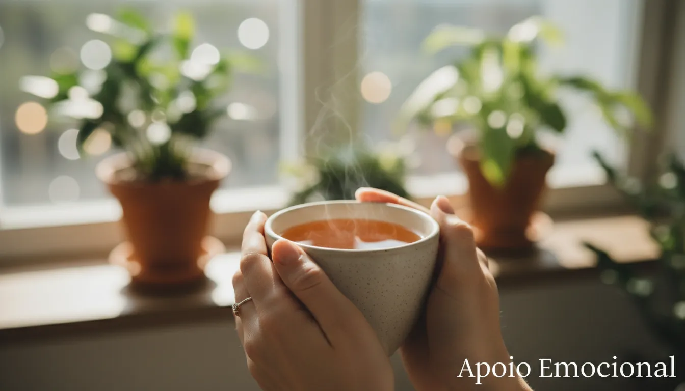 Detalhe de mãos segurando chá em sessão com psicóloga em fortaleza Fernanda Castro, promovendo calma e apoio emocional.