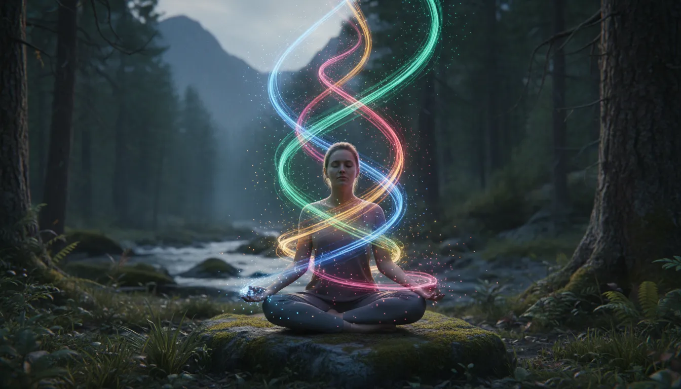 Visualização artística da terapia de radiestesia online, mostrando uma pessoa cercada por energias coloridas e em conexão com a natureza.