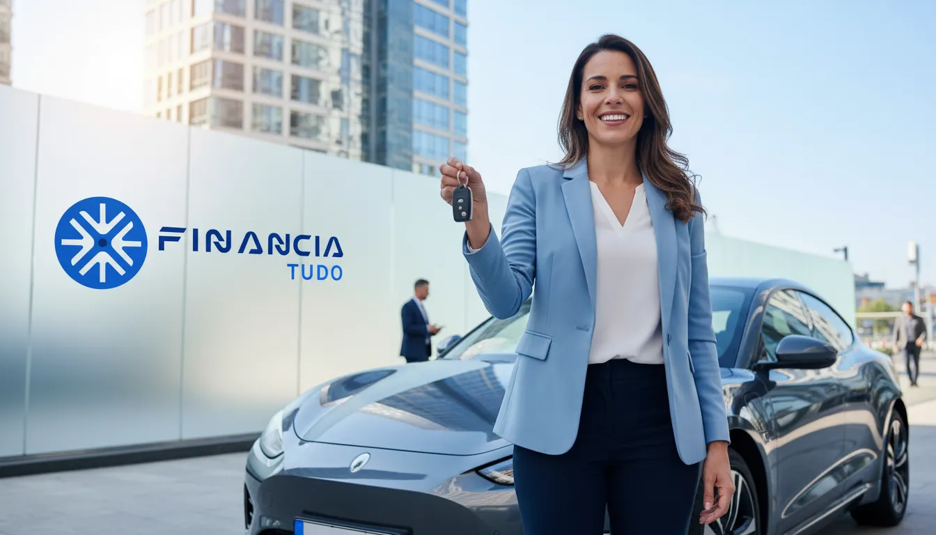 Pessoa confiante em frente ao carro, simbolizando a conquista de crédito com veículo em garantia e a organização financeira.