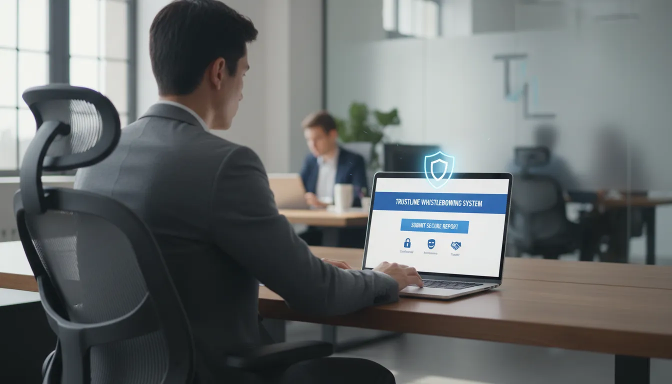 Colaborador utilizando sistema de denúncia digital seguro, representando privacidade e transparência