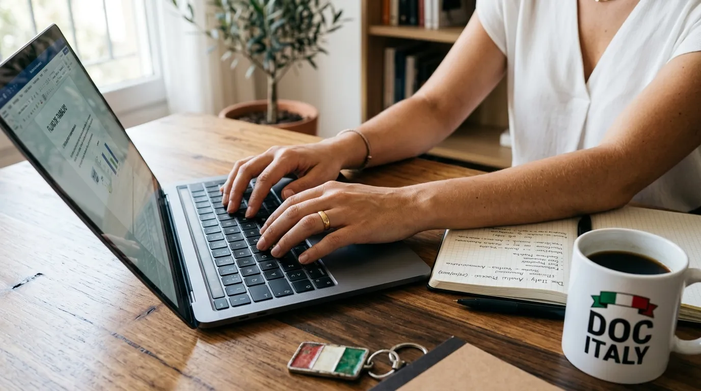 Computador e anotacoes para atualizacao e regularizacao do cadastro AIRE pelo portal consular.