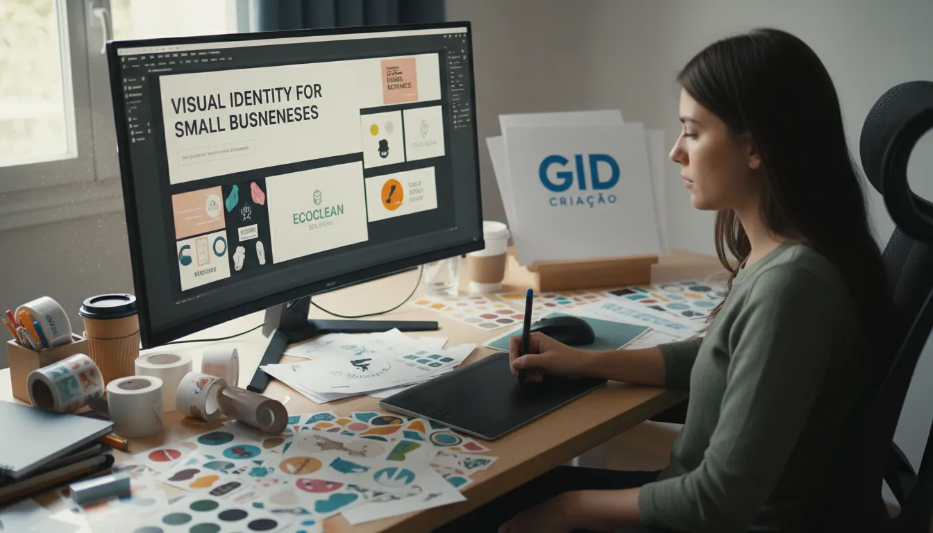 Designer trabalhando na identidade visual de uma pequena empresa, com amostras de adesivos e rótulos espalhados pela mesa, mostrando o processo criativo.