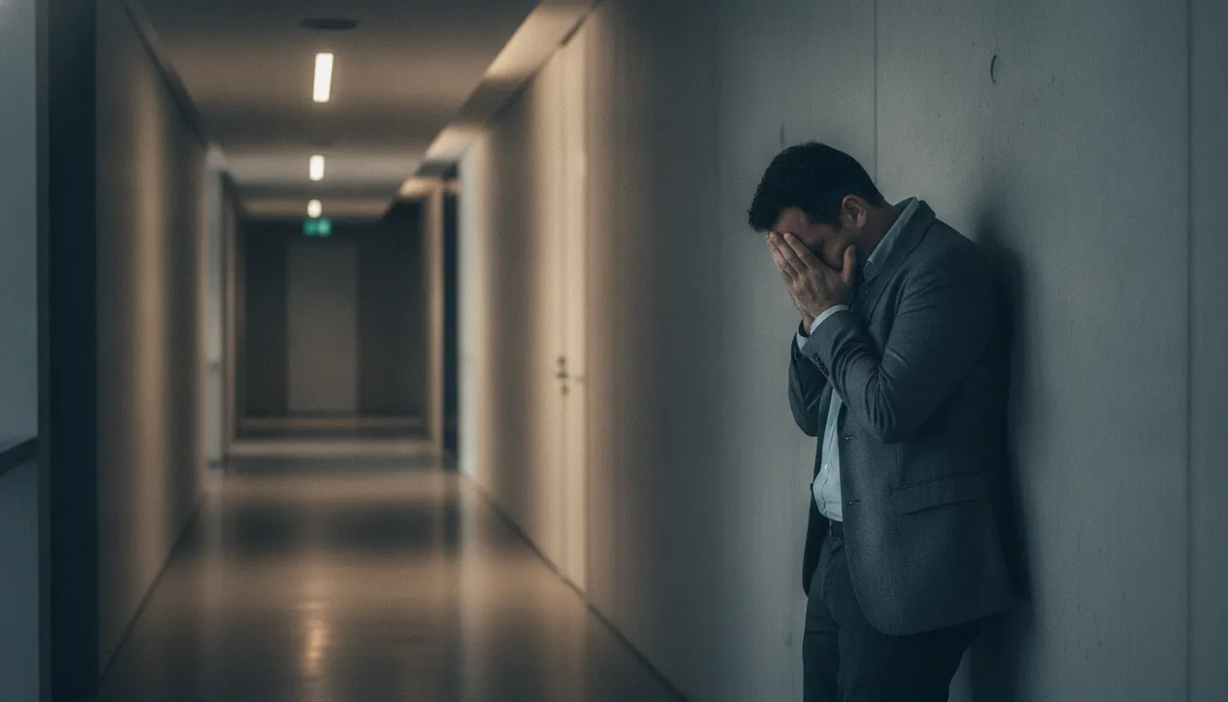 Homem isolado em corredor de escritório, expressando angústia e o risco de afastamento trabalhista por burnout.