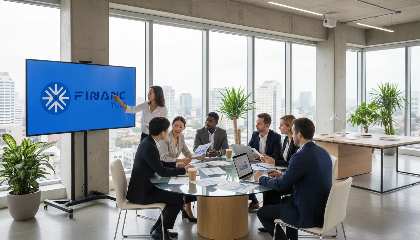 Equipe diversa da Financia Tudo colaborando em soluções de refinanciamento de caminhão para capital de giro transportadoras, com foco nos benefícios financeiros.